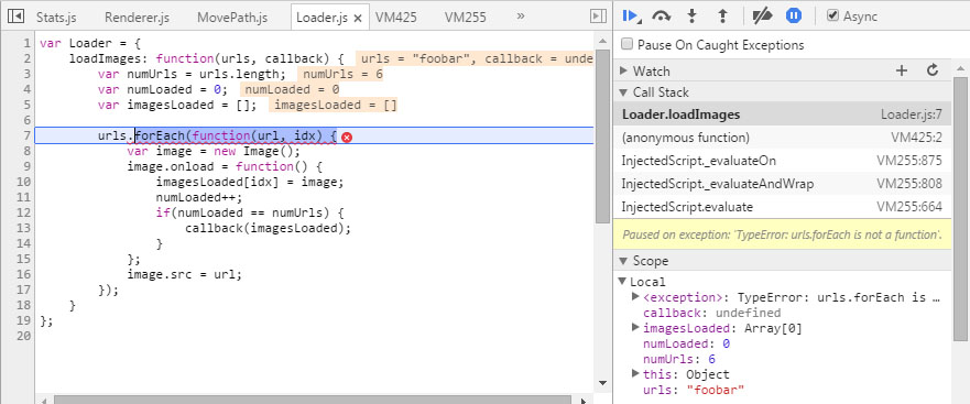 Showing JavaScript exception message in Chrome dev tools - Stack