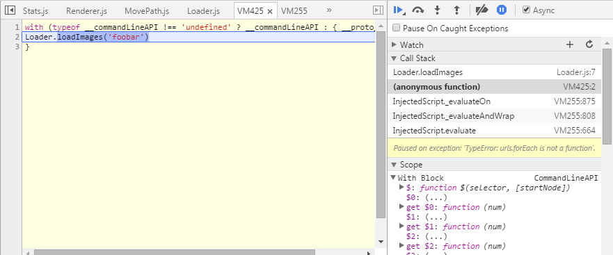 Showing JavaScript exception message in Chrome dev tools - Stack