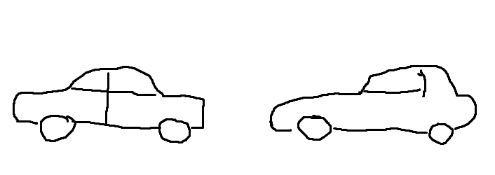 A poor drawing of two cars from the side
