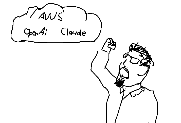 A drawing of the author shaking his fist at a cloud containing AWS, OpenAI and Claude